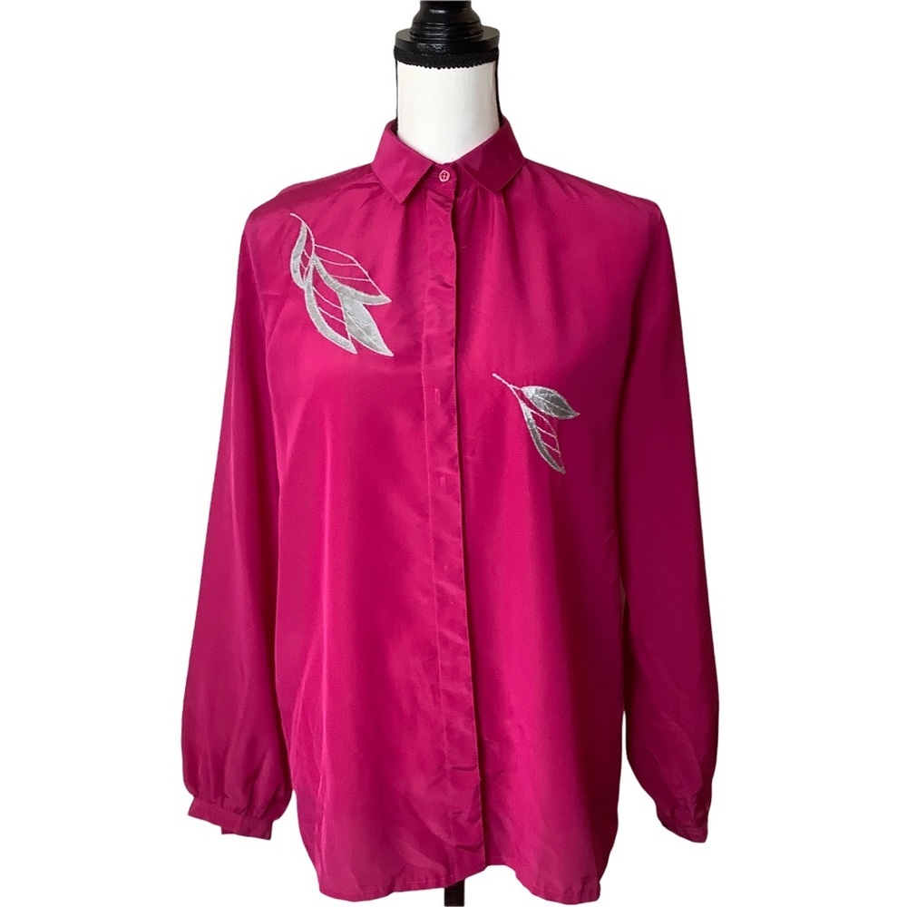 Vintage 80s Hot Pink Silky Satin Blouse Silver Leaf Size M 6-8 Glam Dynasty